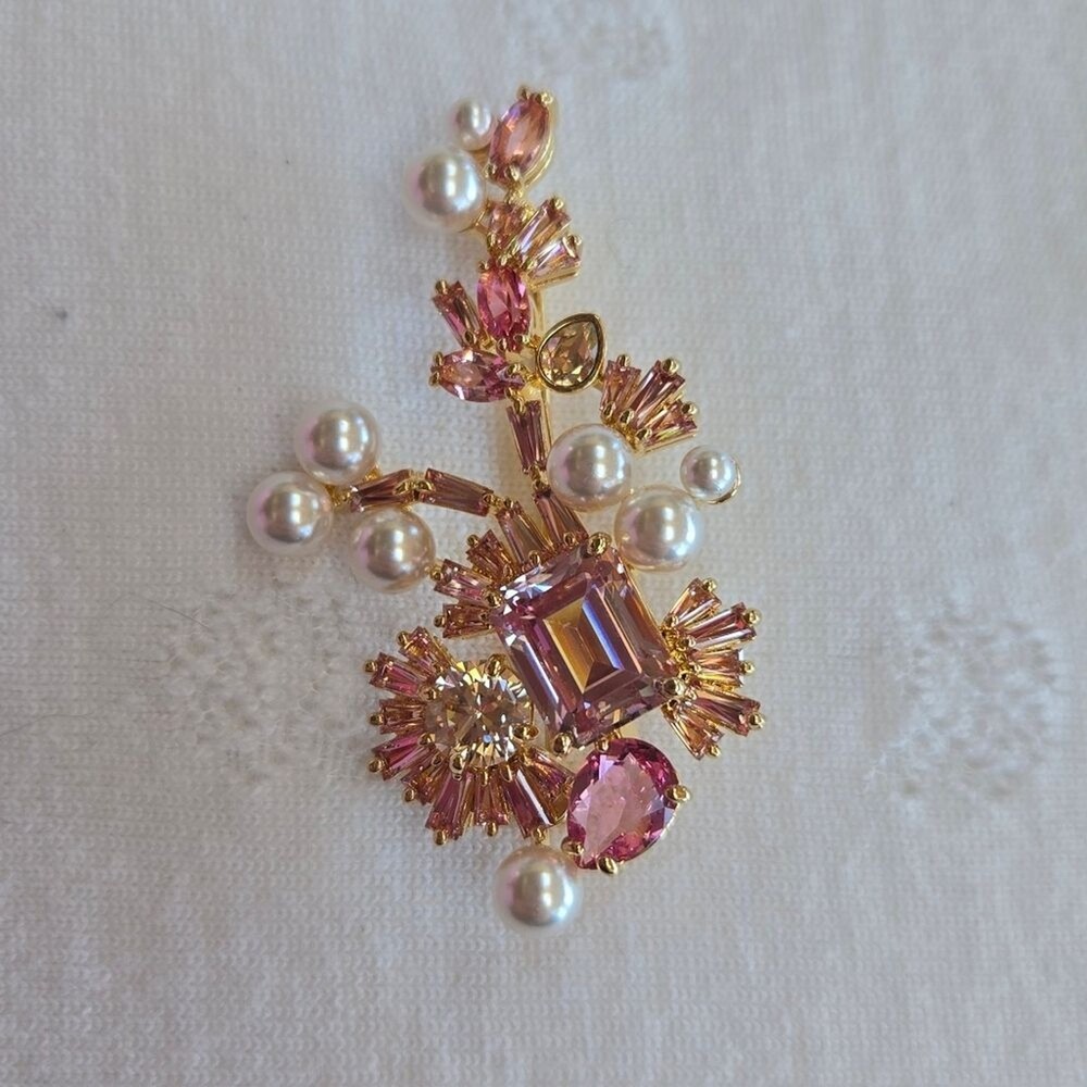 Swarovski Gold-Tone Pink Crystal & Pearl Floral Brooch